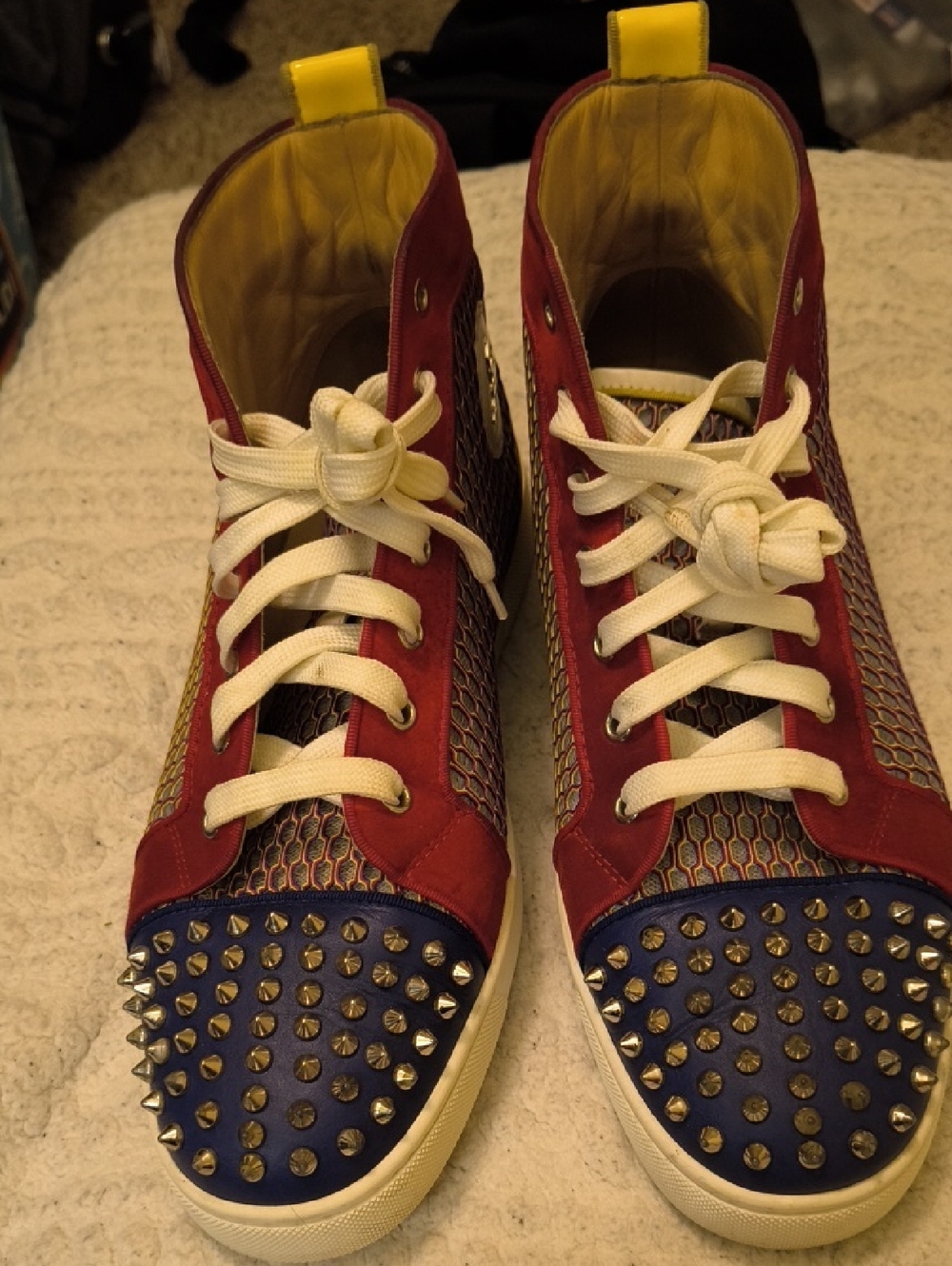 Christian Louboutin Red, Blue and Yellow Studded High-Top Sneakers